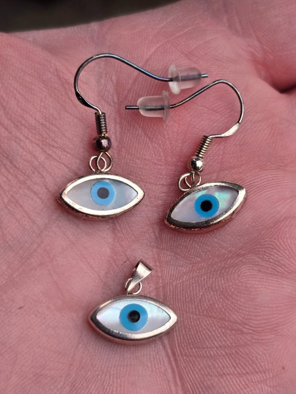 Sterling silver Mother of Pearl Evil Eye Earrings and Pendant